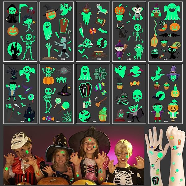 Tatouage Temporaire Enfant Leesgel Tatouage Halloween Enfant, 204 Feuilles Tatouages Ephemere Lumineux Individuels Pour Halloween Decoration, Accessoire Pour Costume Halloween Pinata Anniversaire Cadeau Jouet Enfant Tattoo Jeu