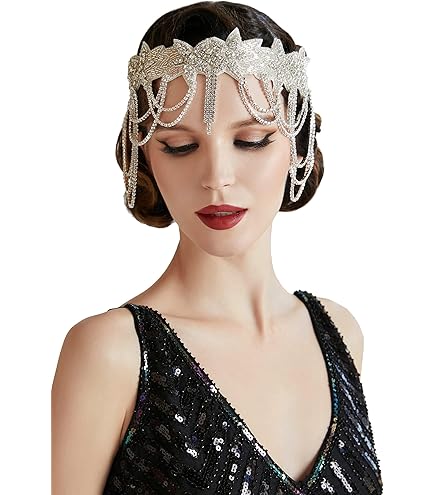 BABEYOND Haarband met veer voor dames jaren 20-stijl flapper Art Deco geïnspireerd door Great Gatsby bladeren schitterende kristallen haarband, champagne, Eén maat