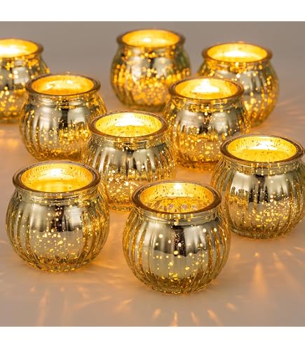 Lot De 12 Bougeoirs Doré En Verre Au Mercure - Photophores Mouchetés Dorés 4.7x5.6x6.6cm Pour Décoration Table Et Fêtes