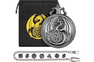 DND DADO Mini Set di Dadi DND con Custodia per Orologio da Tasca Steampunk Dragon, 7 Dadi in Metallo Poliedrico, Regali Di D&D con Sacchetto Regalo Logo Drago, Accessori per Giochi di Ruolo, Argento Scuro