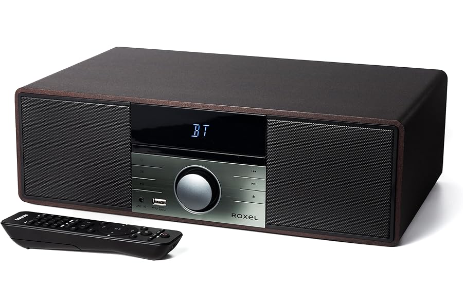 ROXEL RCD 400 All In One Compact CD Player HI-FI System DAB/DAB+ Radio, CD/MP3 Player/USB PLAYBACK with Speakers, Wireless playback, FM & Digital Radio and White Led Display & Stylish Wooden Contour