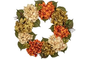 HOLLYONE 20'' Artificial Hydrangea Wreath, Fake Flower Wreath for Front Door, Orange Green Faux Hydrangeas for Summer & Autumn Decorations, Floral Arrangement for Mantel, Kitchen, Farmhouse, Wall Decor