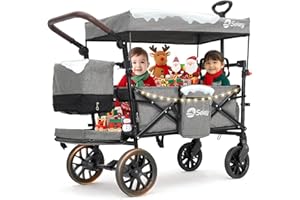 ‎SEKEY Sekey Bollerwagen Faltbar mit Dach, Kinder Bollerwagen mit XXL PU-Rädern (Ø 24/20 cm) für 1–2 Kinder, Federung & Kugellager, gepolstert & komfortabel, Schiebe- und Ziehgriff, SS8080, Grau