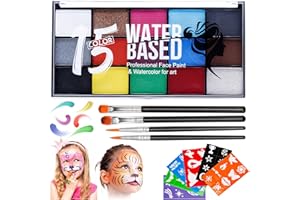 Katiluxiya Water Activated Body Paint for Halloween Cosplay Party, Face Painting Kit for Kids Adults Non-toxic Washable, 15 Colors Water Based Painting Palette 4 Brushes and 6 Stickers (15 Colors)