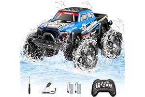 NFOIEIS Coche Teledirigido Anfibio, 2.4Ghz Impermeable RC Car Radiocontrol Todo Terreno, 4WD 360° Rotación All Terrain Stunt Juguete con la Mano, Luces Led e 2 Baterías, Regalos para Niños Niñas 6-12 Años