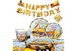 HUXOLYNIFTY Construction Party Supplies,Serves 16 Construction Party Tableware Set Digger Birthday Party Plates Cups Napkins Tablecloth with Banner etc Digger Supplies Decorations