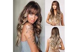 Kellynee Ombre Brown to Blonde Wig with Bangs - Long Wavy Wigs for Women, Realistic Synthetic Heat Resistant Hair, Best Natural Wigs for Daily/Halloween/Party/Cosplay
