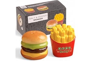 MIJOMA Set di saliera e pepe, elegante design in porcellana, per uso alimentare, facile da riempire, vari motivi divertenti e carini a scelta (urger e patatine, 2 pezzi)