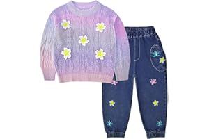 Peacolate Ensembles Fille, vêtements pour Filles 2 pièces Pull thermique à manches longues et jeans et pantalons brodés automne hiver