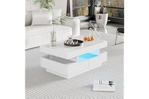 ‎MERAX Merax Wohnzimmertisch, LED Couchtisch mit Stauraum, Hochglanz Kaffeetisch Wohnzimmer mit Vier Schubladen, Modern Coffee Table, 80 x 50 x 36 cm, Weiß