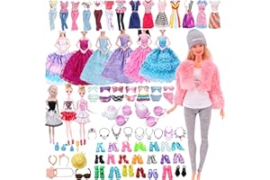 WANDERGO 51 vestiti e accessori per bambole, include 4 abiti invernali, 1 abito da sposa, 8 gonne alla moda, top, pantaloni, bikini, 20 scarpe, 6 collane, 12 set da tè da viaggio per bambole da 29 cm (casuale)