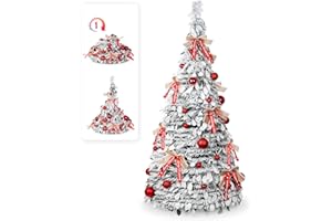 Artecreativa 180cm Árbol de Navidad Plegable, árbol de Navidad Artificial en Blanco nevado con Adornos navideños y Lazos, Montaje fácil, decoración para Fiestas navideñas