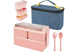 YIROCHAN Boîte à lunch de 1400 ml avec 3 compartiments - Boîte à bento à 2 couches avec sac et couverts isolés, boîte à conteneurs de préparation de repas pour adultes les étudiants pour enfants (rose)