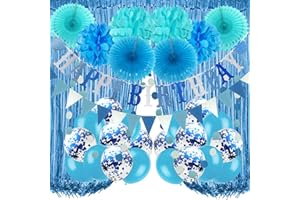 Recosis Geburtstags Dekorationen, Blau Party Dekorationen für Geburtstag Banner Vorhänge Papier Pompons und Fans Girlande Luftballons für Geburtstagsfeier Dekorationen