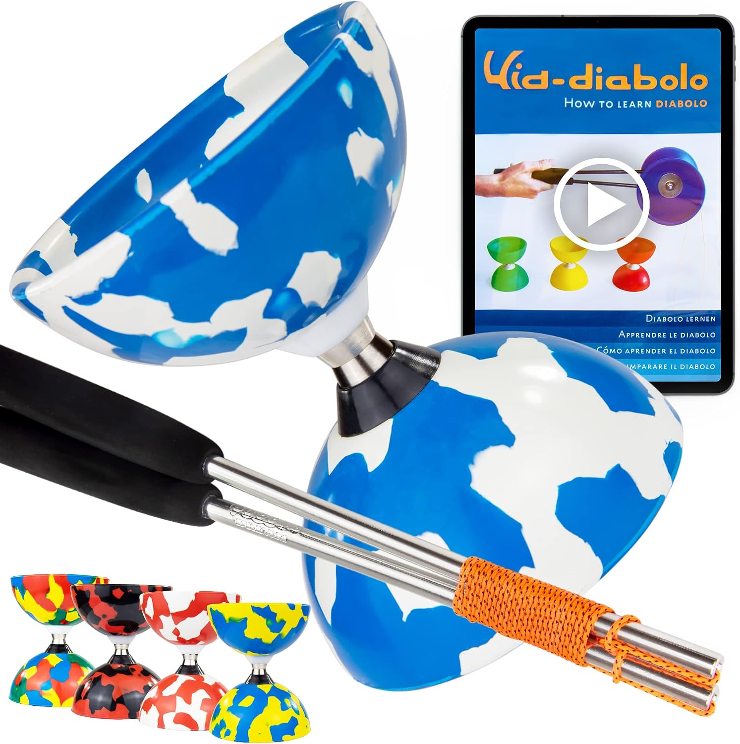 Juggle Dream Jester Diábolo Set para Malabares - Diábolo con Eje de Rodamientos con Palos de Aluminio y Vídeo de Aprendizaje en Línea (Azul/Blanco)