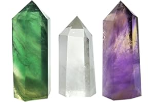 MINA HEAL Set di 3 bacchette di cristallo curativo composto da 3 pietre: quarzo trasparente, fluorite e ametista, prisma sfaccettato appuntito, bacchette per reiki, chakra, meditazione e terapia, decorative