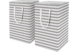 ALINK Lot de 2 grands paniers à linge - 72 l - Avec poignée étendue - Pliable - Panier de rangement - Portable - Pour le linge, les vêtements, les couvertures, les oreillers - Rayures blanches