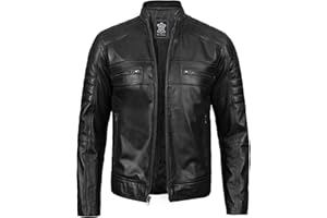 fjackets Real Lambskin Leather Biker Jacket - Quilted Cafe Racer Zip Up Moto Jackets For Men