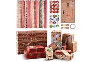 JOYSAL Set di 12 fogli di carta kraft da regalo natalizia, 70 x 50 cm, 10 etichette regalo, carta natalizia riciclata, ecologica, regalo di Natale