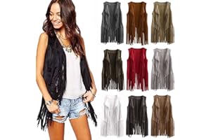luoluoluo Women Ethnic Vest Tops Suede Tassels Waistcoat Solid Color Fringed Cardigan Open Front Outerwear Sleeveless Fringe Vest Ladies Girls Hippy Fancy Dress Hippie Costume Windbreaker Trenchcoat