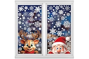 FINGOOO 298pieces Christmas Peeping Santa and Rudolph Window Stickers, 3D Xmas Window Clings Snowflake Decal for Xmas Window Decoration