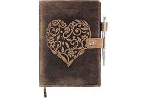 MOONSTER Porta Agenda in Pelle Ricaricabile con Quaderno a Righe - Diario Personale con Cuore in Rilievo - Diario in Pelle Vera Lavorata a Mano con Portapenna - Con Carta a Righe A5 ed Elegante Penna Inclusa