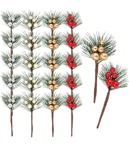6 Pics Pomme De Pin Décoratives 31 Cm - Baies Dorées Et Feuilles Vertes Pour Noël