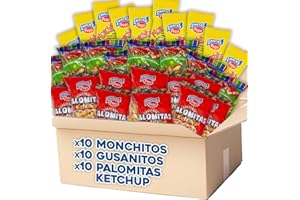 IAMI Pack Snacks Monchitos + Gusanitos Pegui + Palomitas de Ketchup Pegui - 10 Bolsas Arroz Inflado Monchitos Sabor Jamón + 10 Bolsas Gusanitos de Maíz + 10 Bolsas Palomitas Sabor Ketchup Pegui