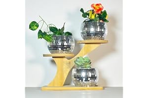 QIUMYANLOD Lot de 3 Boule a Facette Pot de Fleur avec Bambou Stand,Boule a Facette Vase,Disco Pot de Fleur,Disco Cache Pot,Disco Plante,Bol Disco,Argenté Mosaique Miroir Disco Jardiniere pour Cactus Succulent