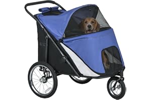 PawHut Hundewagen Hundebuggy mit Netzfenstern, Klappbarer Katzenwagen mit Sicherheitsleine, große Gummiräder für Mittelgroße, Große Hunde bis 30 kg, Oxford, Blau