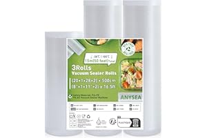 Anysea Bolsas Vacio Alimentos 3 Rollos：20x1/28x2/x500 cm Rollos Envasadora al Vacio Sin BPA, Bolsas Envasar al Vacio Alimentos apto para Sous Vide Cocina y Selladores al Vacío