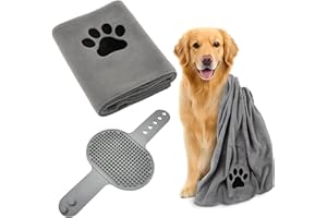 KRYMXAR 2X Hundehandtuch Extra Saugfähig, Hundebademantel Und Hundebadepinsel Set, Hunde Handtuch Für Große Hunde, 100x50 cm Weiches Handtuch Hund