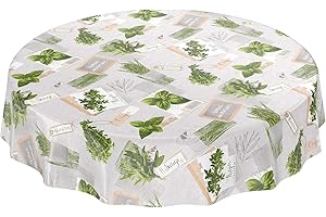‎ANRO ANRO Tischdecke Wachstuchtischdecke Wachstuch Wachstischdecke pflegeleicht abwaschbar Kräuter Grün Beige Bio Basilikum Rund 140cm eingefasst