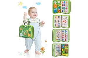 BEBEFANT Busy Board for Toddlers & Kids - Sensory Early Development Toy Montessori Toys for Boys Girls 2 3 4 5 6 year olds - Alphabet Numbers Shapes Colours My Body Calendar Time & Date - Light Green Animals