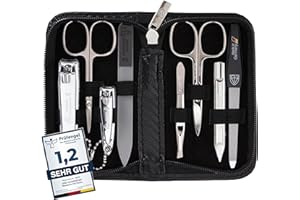 ‎DREI SCHWERTER DREI SCHWERTER - Maniküreset 'Roma' - Nageletui mit 8 Instrumenten: Nagelschere, Hautschere, Fuß/Finger-Nagelknipser, Nagelreiniger, Pinzette, Glasnagelfeile, Saphirnagelfeile - carbon/schwarz