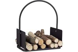 Relaxdays Kaminholzkorb schwarz, Brennholzkorb groß, Holzwiege Kamin, Feuerholzkorb Metall, HxBxT 47 x 40 x 30 cm, black
