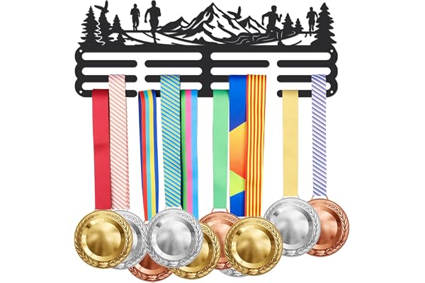 SUPERDANT Marathon Montagne Forêt Paysage Porte Medaille Running en Fer Noir Porte Médaille en Fer Support Medaille à Suspendre 40x15 cm