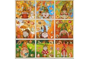 BOOMTOP 9 Sheets Autumn Window Stickers, Gnome Maple Leaves Window Clings Stickers Double-Sided Print Autumn Decorative Window Decals Reusable for Glass Living Room Window Home Decor