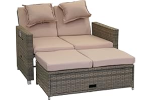 greemotion Canapé de Jardin Modulable Bahia en Résine Tressée, Canapé d'Extérieur 2 Places Convertible en Lit de Jardin, Bain de Soleil avec Dossier Réglable 121 x 86 x 99 cm, Sable/Gris