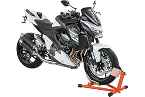 Hi-Q Tools Béquille de montage Béquille de moto Béquille avant Basculeur, stationnement facile du véhicule, idéal pour le transport, béquille fixe, orange, réglable pour presque toutes les tailles de roues/pneus