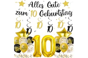 Tasoraor Deko 10. Geburtstag Junge Mädchen - Schwarz Gold 10 Geburtstagsdeko Luftballons Girlande, Konfetti und XXL Zahlenballon für 10 Geburtstagsparty Dekoration