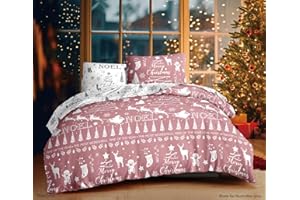 CHARLOTTE ANDERSEN Merry Christmas Bedding Double Duvet Cover Set Blush Pink Reversible – Noel Festive Xmas Bedding Set for Adults & Kids – Soft & Easy Care (BLUSH PINK, Double)