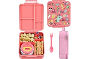 Maison Huis Pojemnik śniadaniowy dla dzieci, z przegródkami, zawiera termos, utrzymuje ciepło, pudełko na lunch dla dzieci do szkoły, przedszkola (różowy, naszywki)