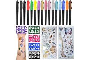 HKC Marcadores Tatuaje Rotuladores para la Piel,16 Bolígrafos de Tatuaje + 5 Plantillas + 2 Pegatinas de Tatuajes, Kit de Bolígrafos de Tatuajes con Purpurina y Mate para Adolescente, Niños, Niñas