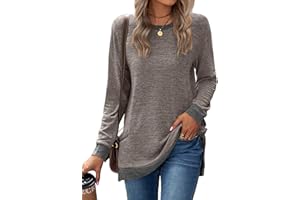 Famulily Color Block Jumper Sweatshirt for Women Crewneck Split Side Cotton Long Sleeve Baggy Tops Tee Shirts with Pockets