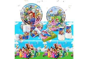 LUCLAY Party Tableware Set Kids- 51Pcs Birthday Party Decorations Cartoon Bros Games Themed Birthday Party Supplies Happy Birthday Tablecloth Paper Plates Cups Napkins for Kids Baby Showers Boys Girls Deco