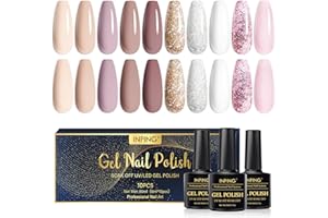 INPING Gel Nail Polishes, 10 Colors Nude Bare Series Natural Apricot Light Beige Brown Glitter Pink Soak Off UV/LED Nail Varnish for Women Home Wedding DIY Nail Art Salon Manicure Gifts