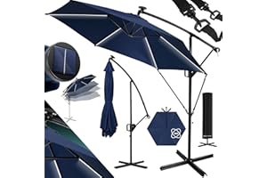 KESSER® Alu Ampelschirm LED Solar Ø300cm Inkl. Abdeckung Fernbedienung Kurbelvorrichtung Kurbelschirm mit Ständer 360° Funktion UV-Schutz Aluminium Wasserabweisend Garten-Schirm Marktschirm Navyblau