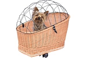 Hundefahrradkorb mit Gitterhaube, Befestigung für Gepäckträger, herausnehmbarem Kissen – Handgeflochten, stabil, schwarz oder honigbraun, aus Weide – Hundekorb Fahrrad (Honigbraun, L)
