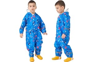 Fewlby Puddle Suit Kids Rain Suit, All in One Waterproof Suit Boys Girls Rainsuit Waterproof Overalls Cartoon Muddy Suit One Piece Raincoat Hoodie Rainwear for 1-10 Years